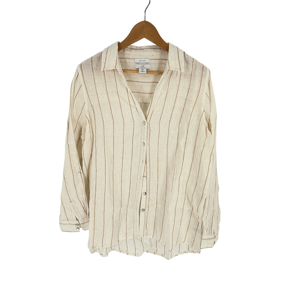 Halston 100% Linen Button Down Shirt Tan Striped Large Coastal Roll Tab Neutral